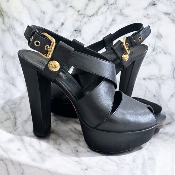 LOUIS VUITTON Wide Strappy Black Leather Platform Heels Size 37 - Picture 1 of 12